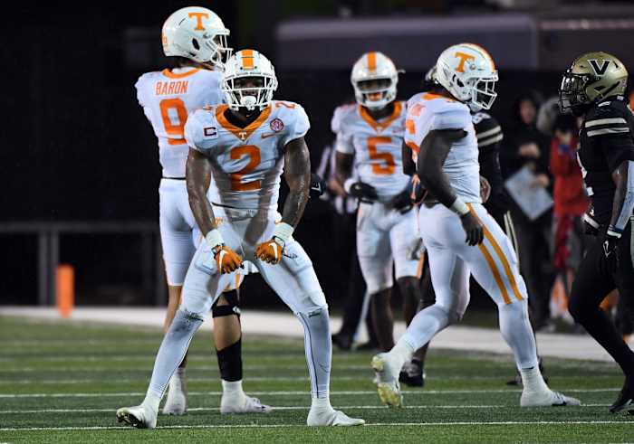 Tennessee S Jaylen McCollough after a big hit against Vanderbilt in Nashville, Tennessee, on November 26, 2022. (Photo by Christopher Hanewinckel of USA Today Sports)